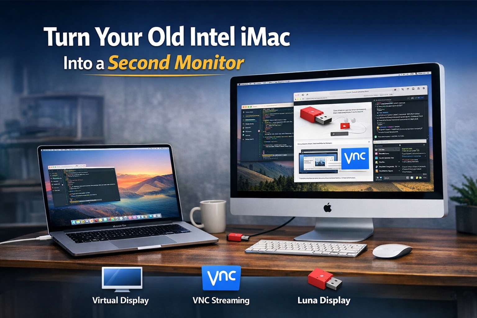 A 27-inch iMac with Retina display sitting on a wooden desk next to a modern MacBook Pro, both screens powered on.